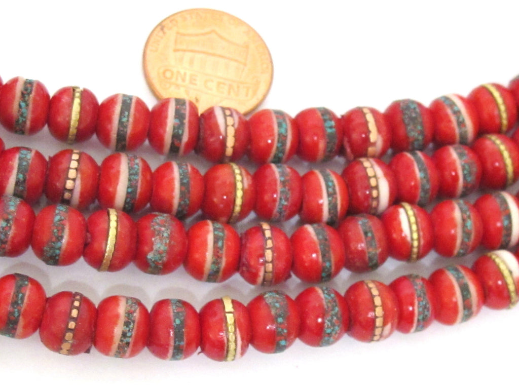 108 beads - Tibetan bone beads inlaid bone beads - 8 mm Tibetan red color bone beads turquoise brass inlay beads - nepal beads ML127A