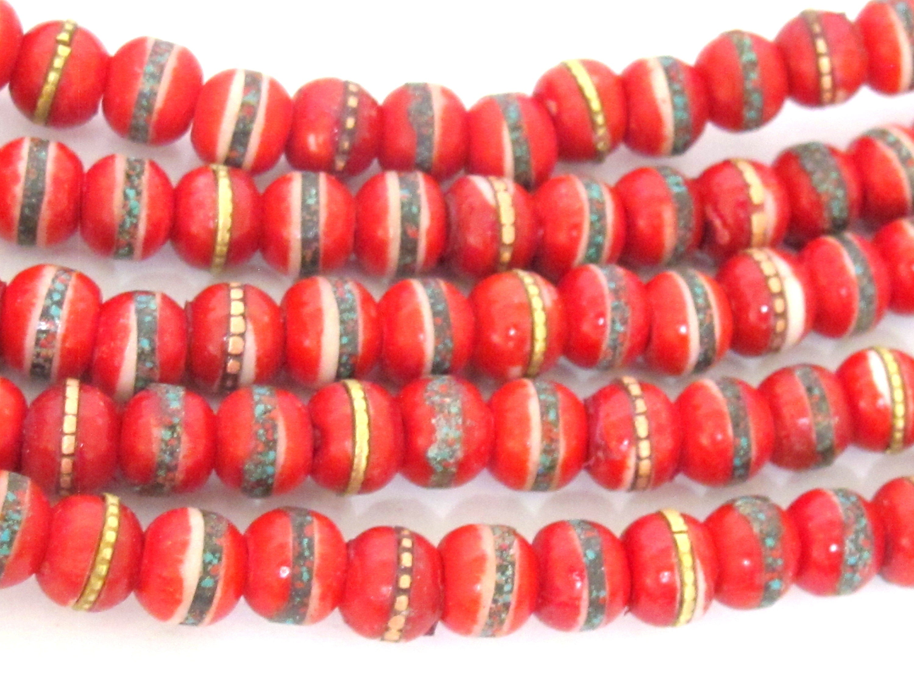 20 beads - Tibetan bone beads inlaid bone beads - 8 mm Tibetan red color bone beads turquoise brass inlay beads - nepal beads ML127B