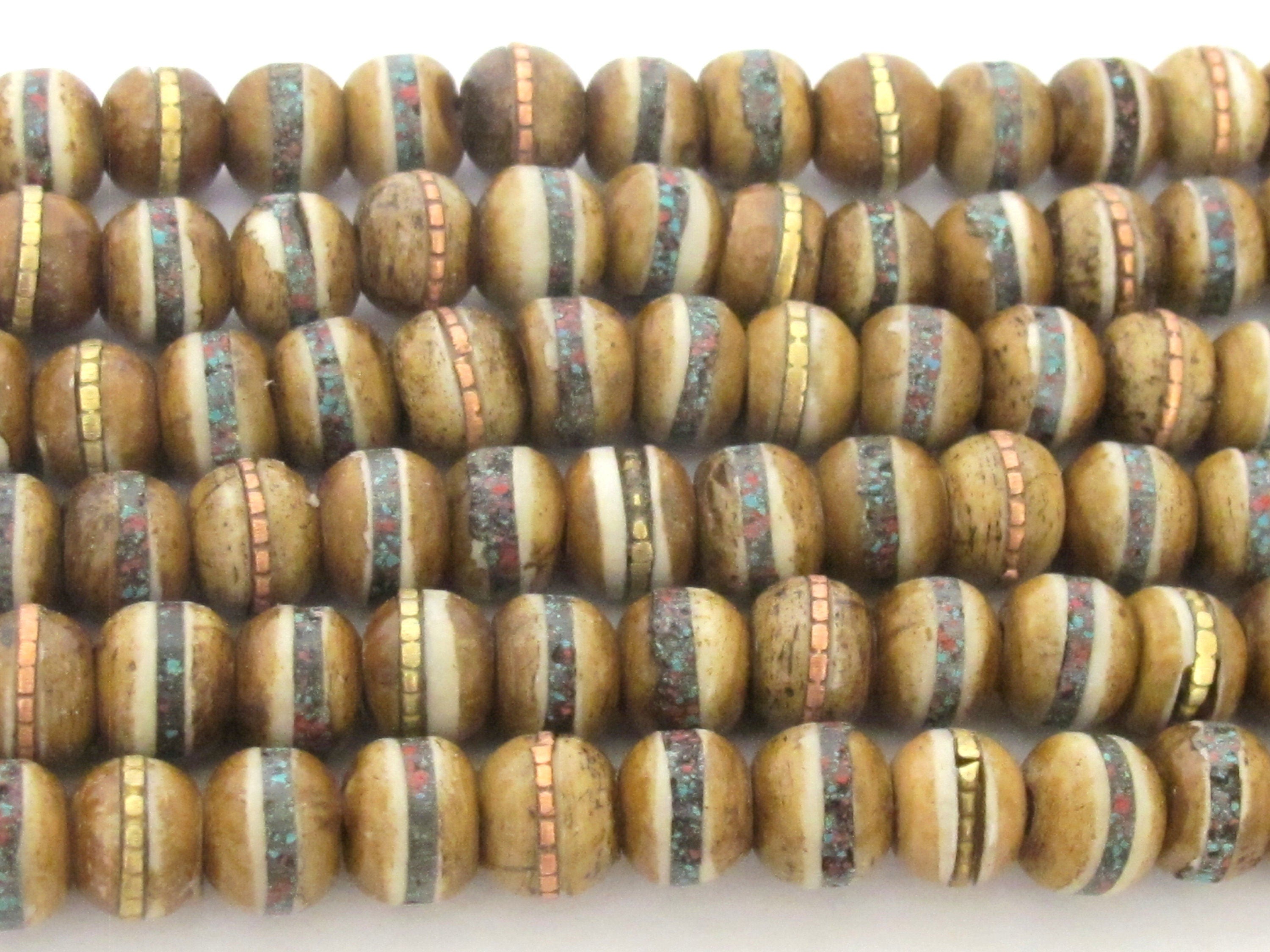 20 beads - 8 mm Tibetan brown color bone mala beads with turquoise brass inlay beads supply Tibetan beads Nepal bone beads ML128B