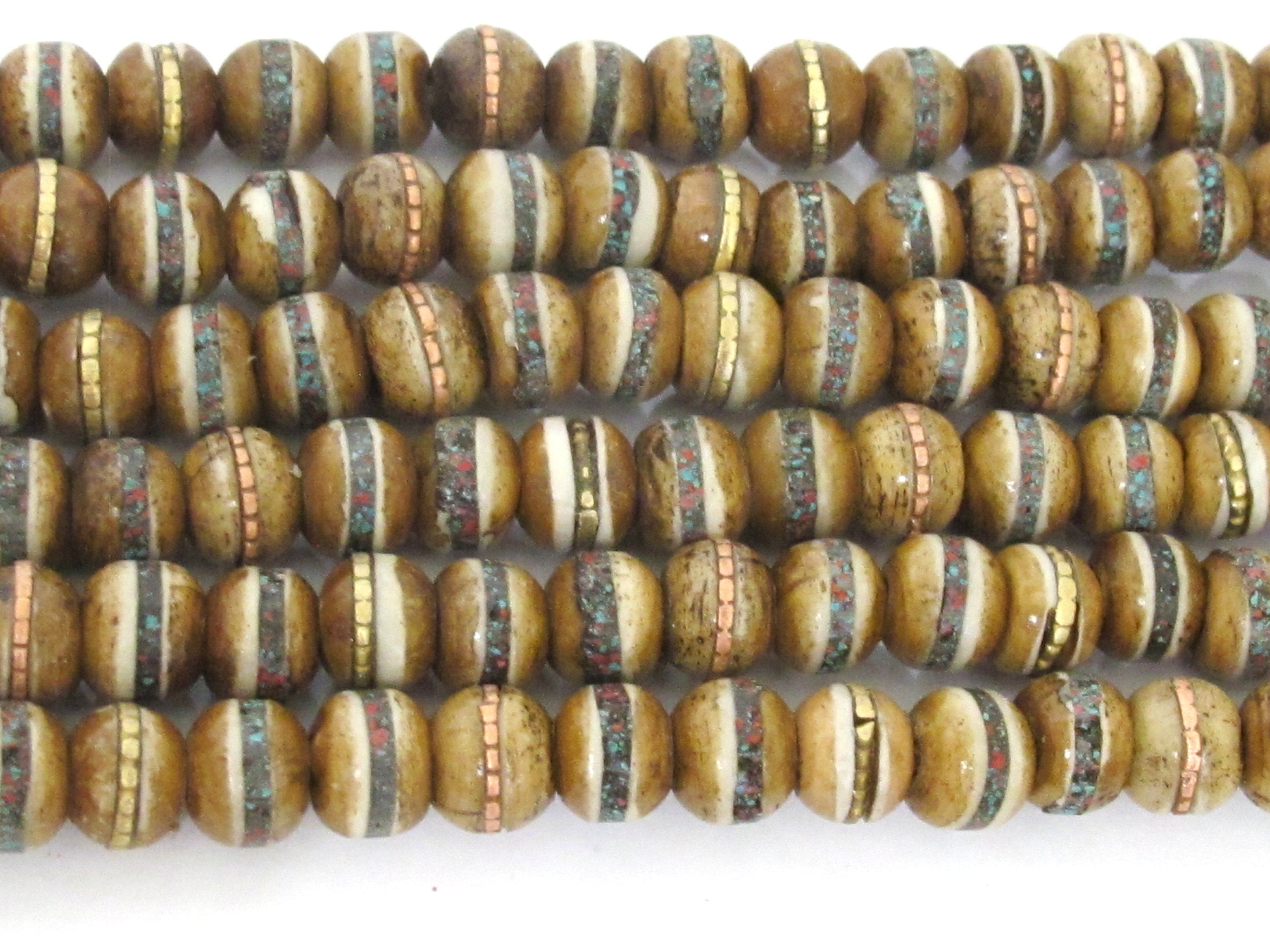 108 beads - 8 mm Tibetan brown color recycled cattle bone mala beads with turquoise brass inlay beads supply - ML128A