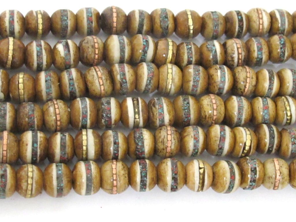 20 beads - 8 mm Tibetan brown color bone mala beads with turquoise brass inlay beads supply Tibetan beads Nepal bone beads ML128B
