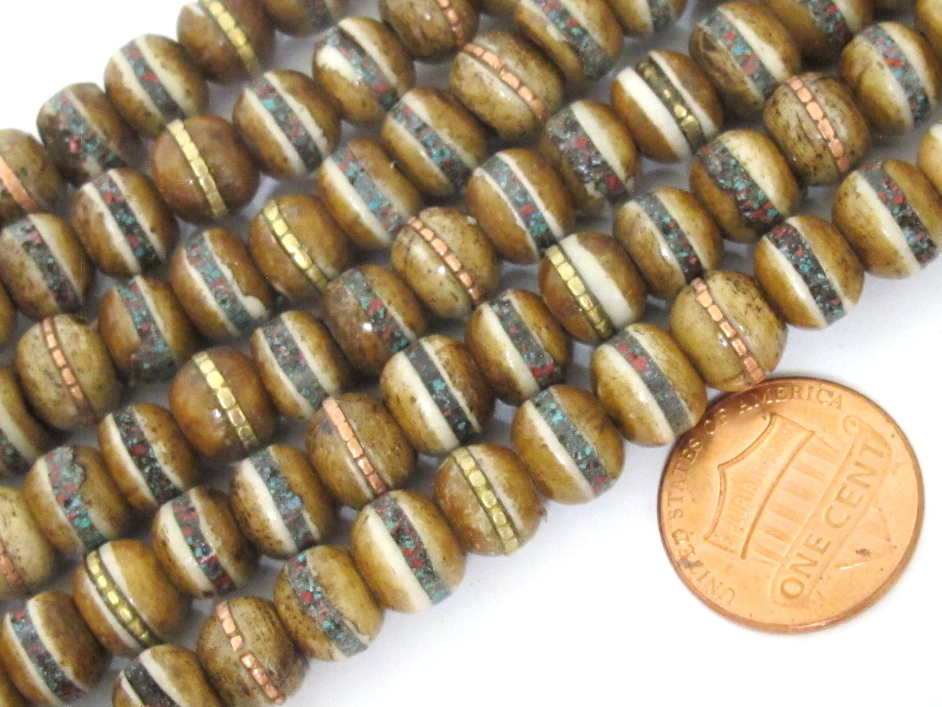 20 beads - 8 mm Tibetan brown color bone mala beads with turquoise brass inlay beads supply Tibetan beads Nepal bone beads ML128B