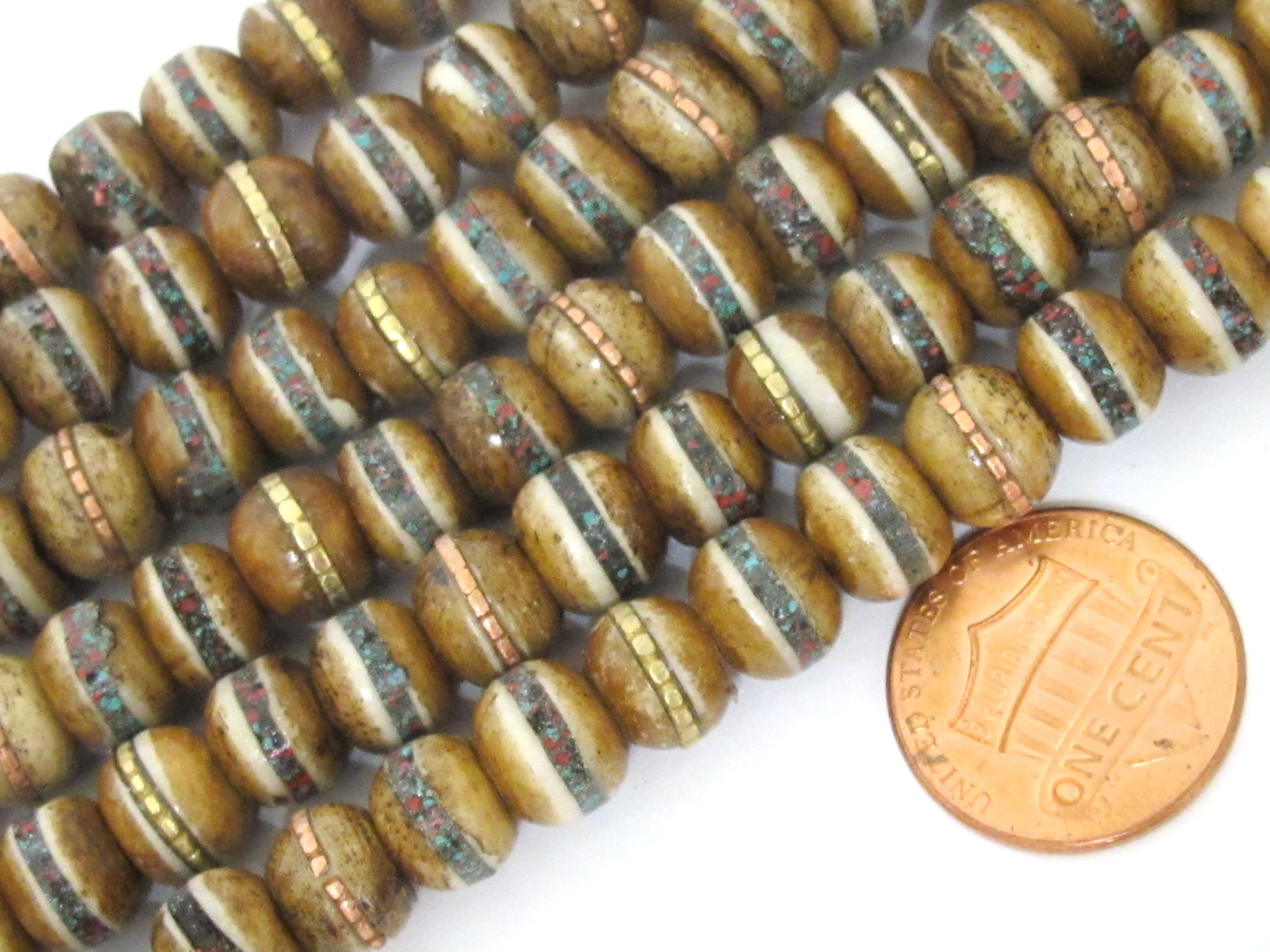 20 beads - 8 mm Tibetan brown color bone mala beads with turquoise brass inlay beads supply Tibetan beads Nepal bone beads ML128B