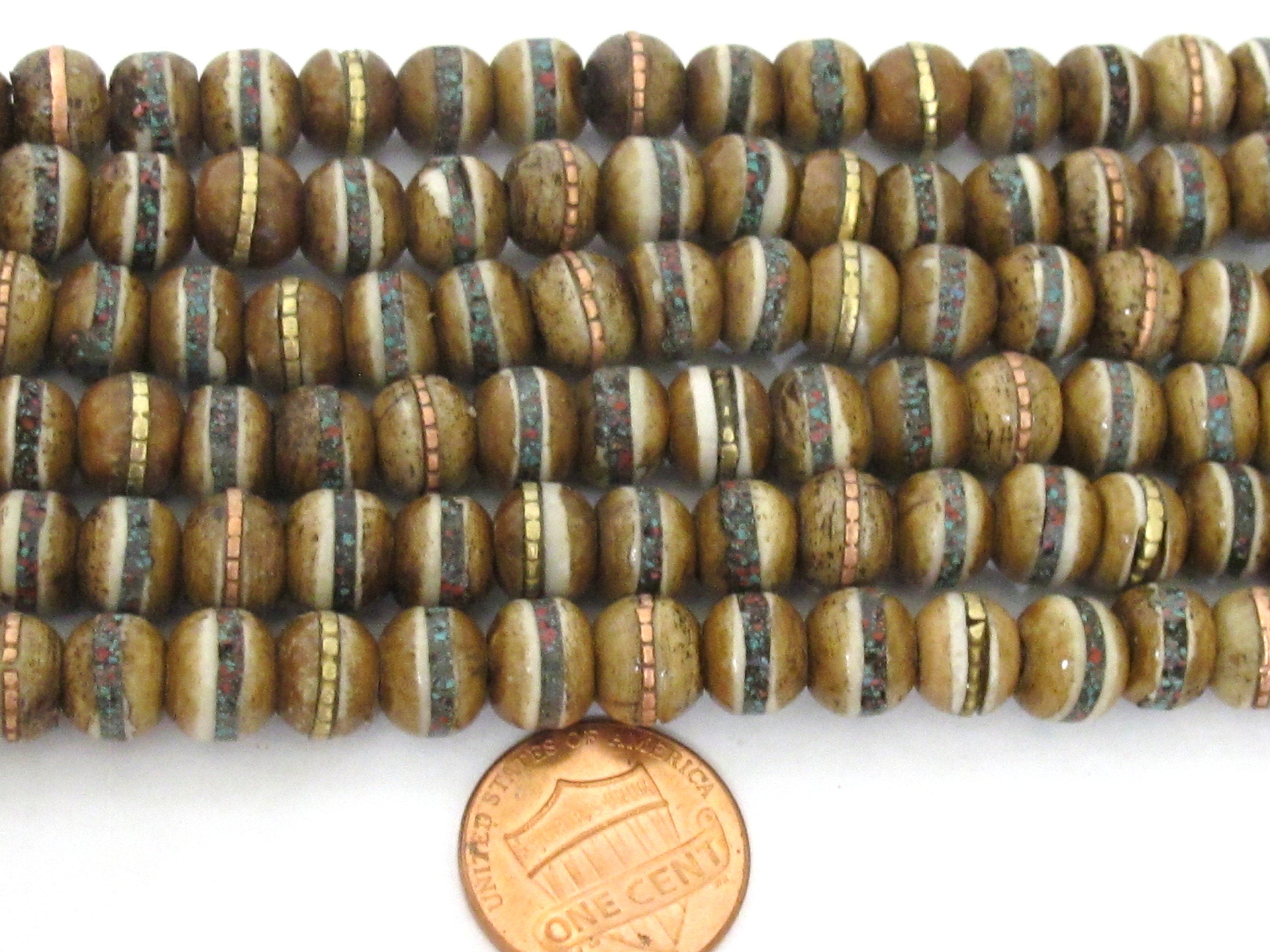 20 beads - 8 mm Tibetan brown color bone mala beads with turquoise brass inlay beads supply Tibetan beads Nepal bone beads ML128B