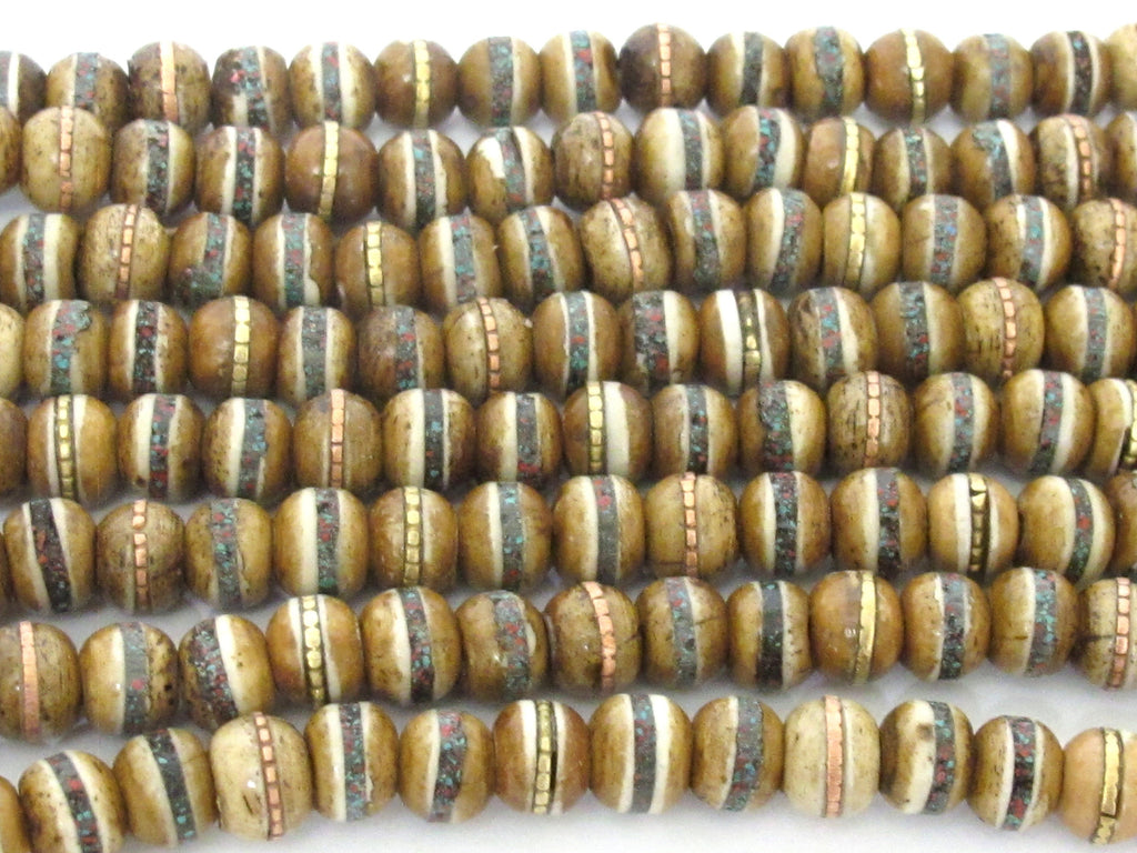 108 beads - 8 mm Tibetan brown color recycled cattle bone mala beads with turquoise brass inlay beads supply - ML128A