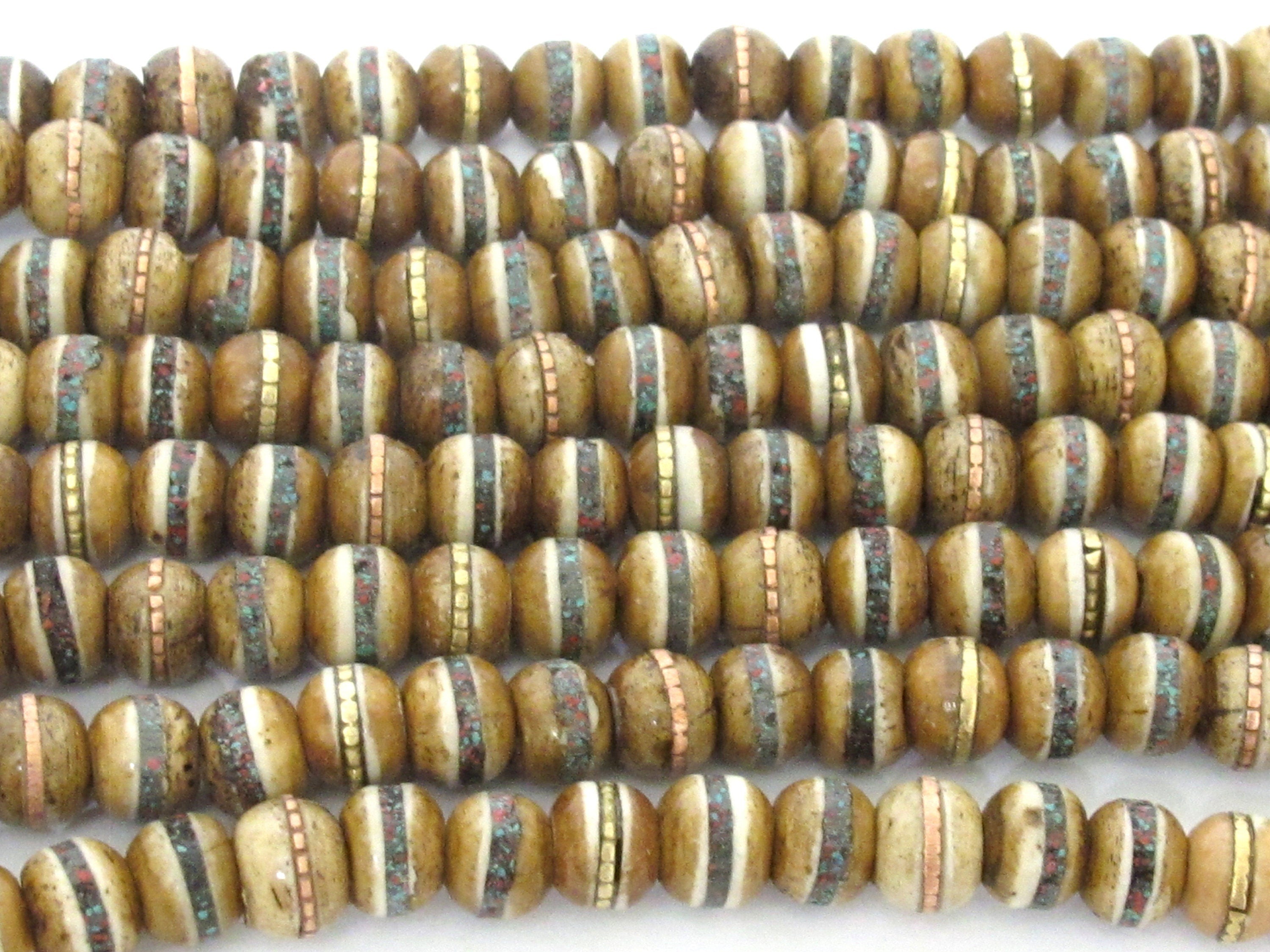 108 beads - 8 mm Tibetan brown color recycled cattle bone mala beads with turquoise brass inlay beads supply - ML128A