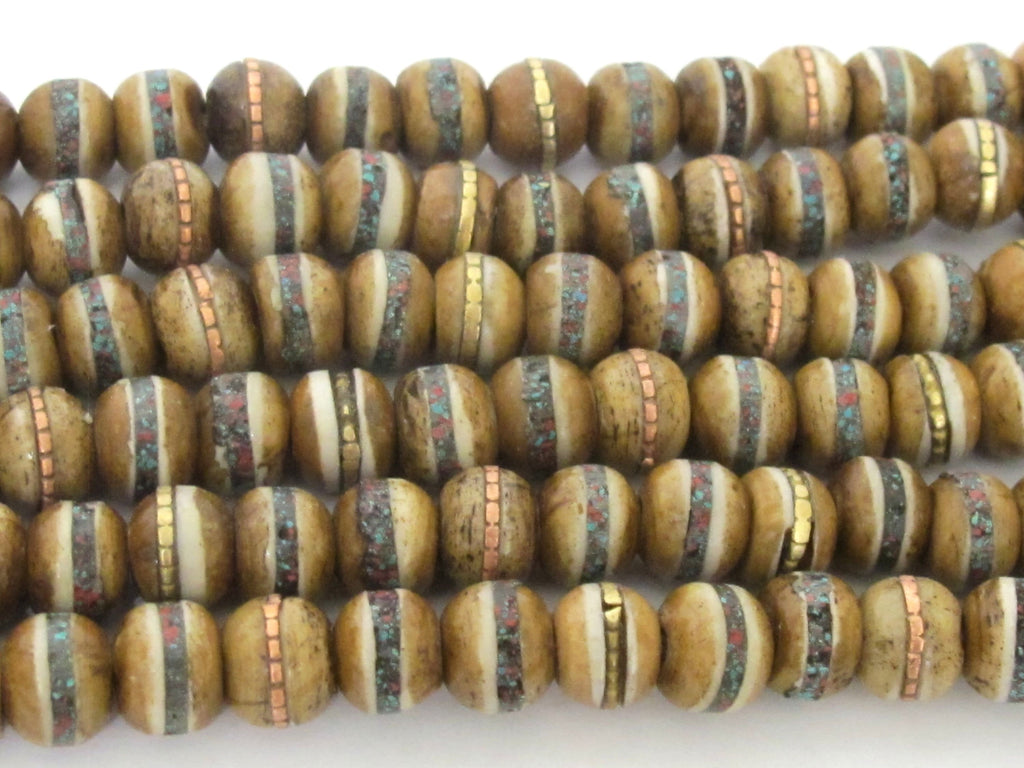 20 beads - 8 mm Tibetan brown color bone mala beads with turquoise brass inlay beads supply Tibetan beads Nepal bone beads ML128B