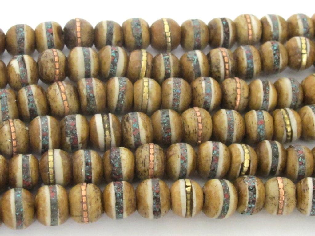 108 beads - 8 mm Tibetan brown color recycled cattle bone mala beads with turquoise brass inlay beads supply - ML128A