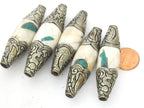 1 Bead - Large Long shape Tribal naga conch shell beads tibetan silver capped dragon design focal pendant bead turquoise inlaid - CH077A