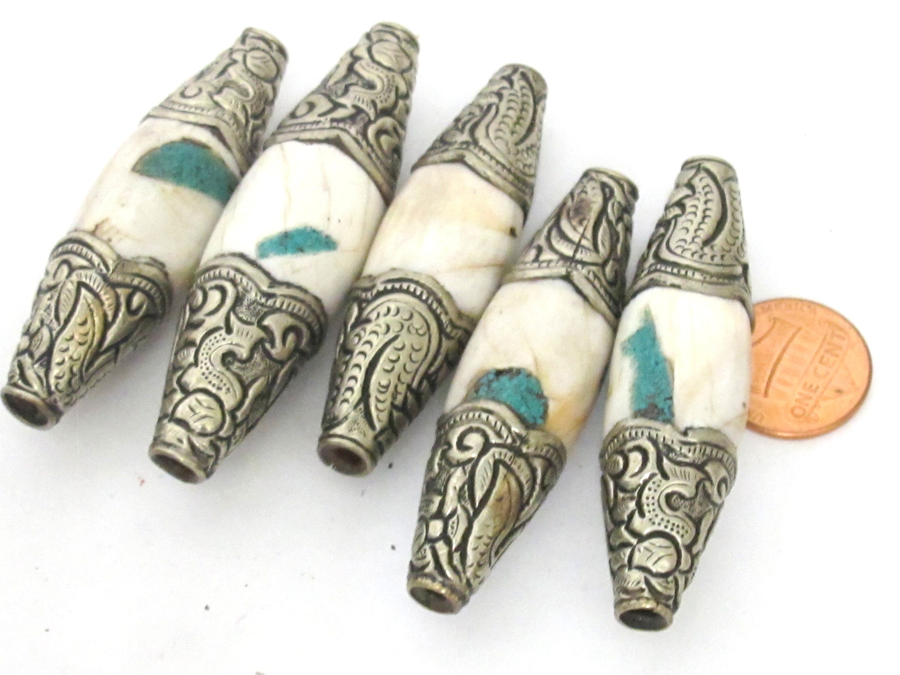 1 Bead - Large Long shape Tribal naga conch shell beads tibetan silver capped dragon design focal pendant bead turquoise inlaid - CH077A