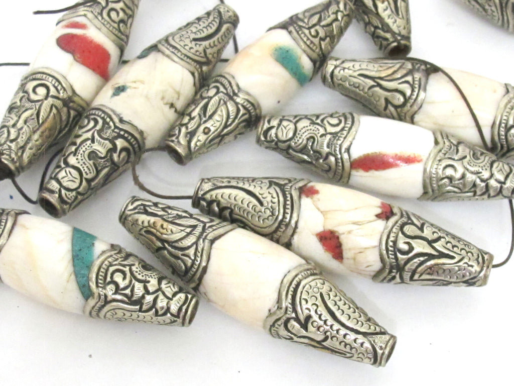 1 Bead - Large Long shape Tribal naga conch shell beads tibetan silver capped dragon design focal pendant beads Tibetan beads - CH077B
