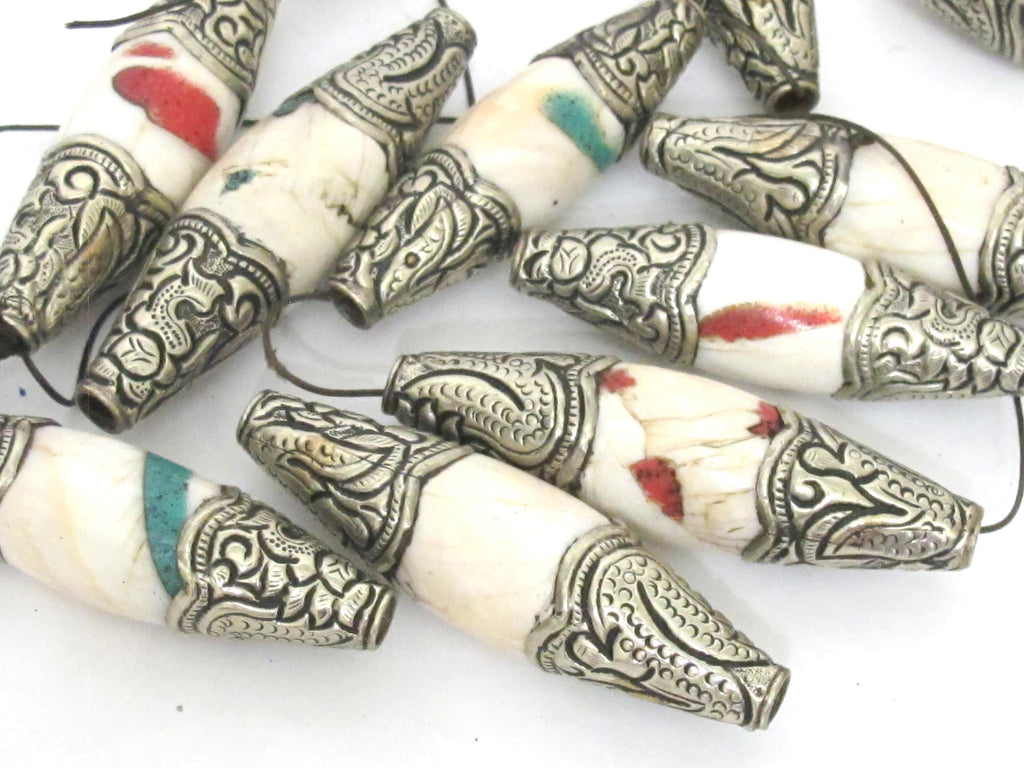 1 Bead - Large Long shape Tribal naga conch shell beads tibetan silver capped dragon design focal pendant beads Tibetan beads - CH077B