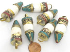 1 pendant - Unisex Tibetan pendant Ethnic tibetan Nepal naga conch shell point bullet shape brass capped pendant turquoise inlay - PM277K