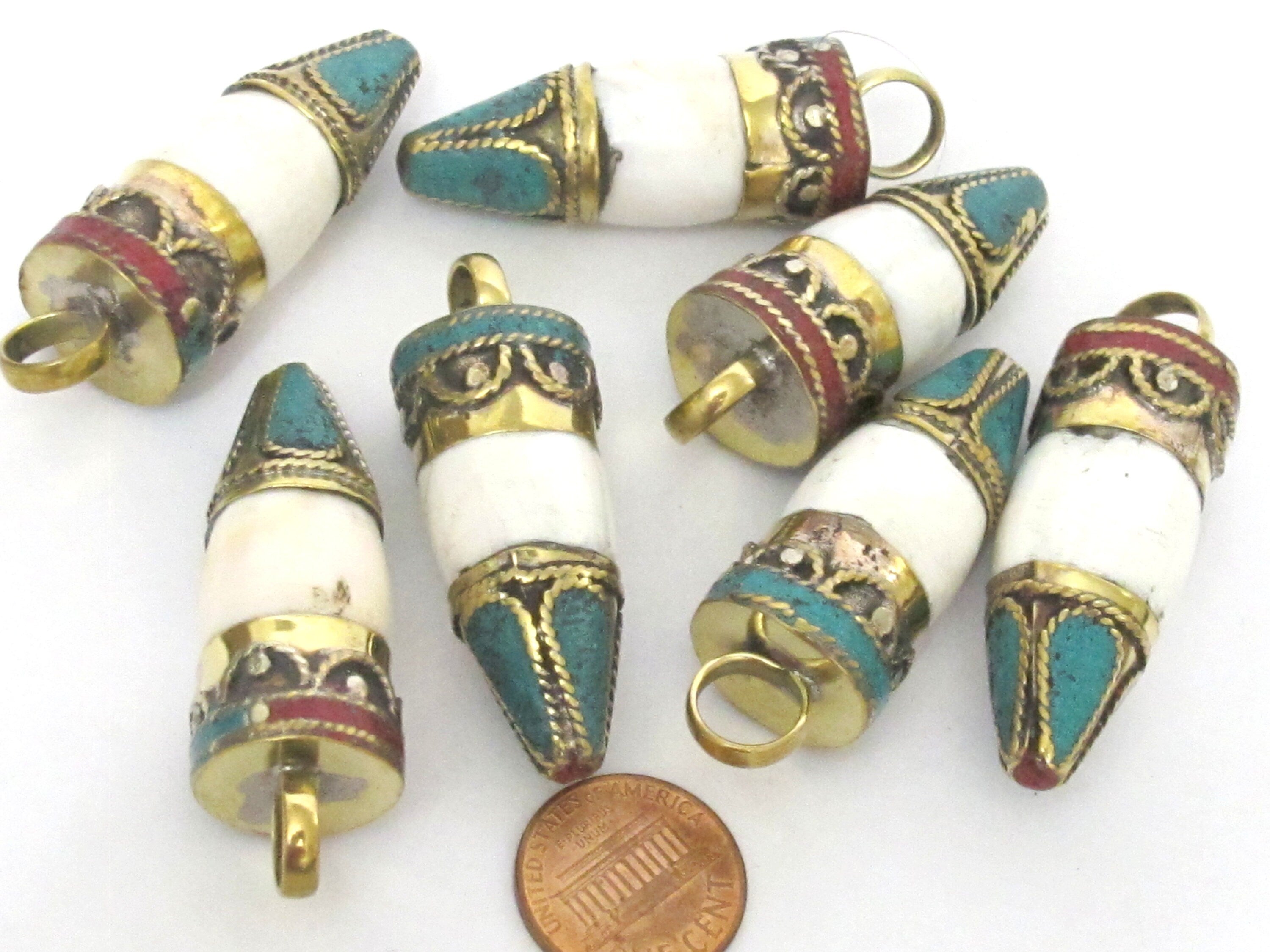 1 pendant - Unisex Tibetan pendant Ethnic tibetan Nepal naga conch shell point bullet shape brass capped pendant turquoise inlay - PM277K