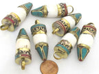 1 pendant - Unisex Tibetan pendant Ethnic tibetan Nepal naga conch shell point bullet shape brass capped pendant turquoise inlay - PM277K