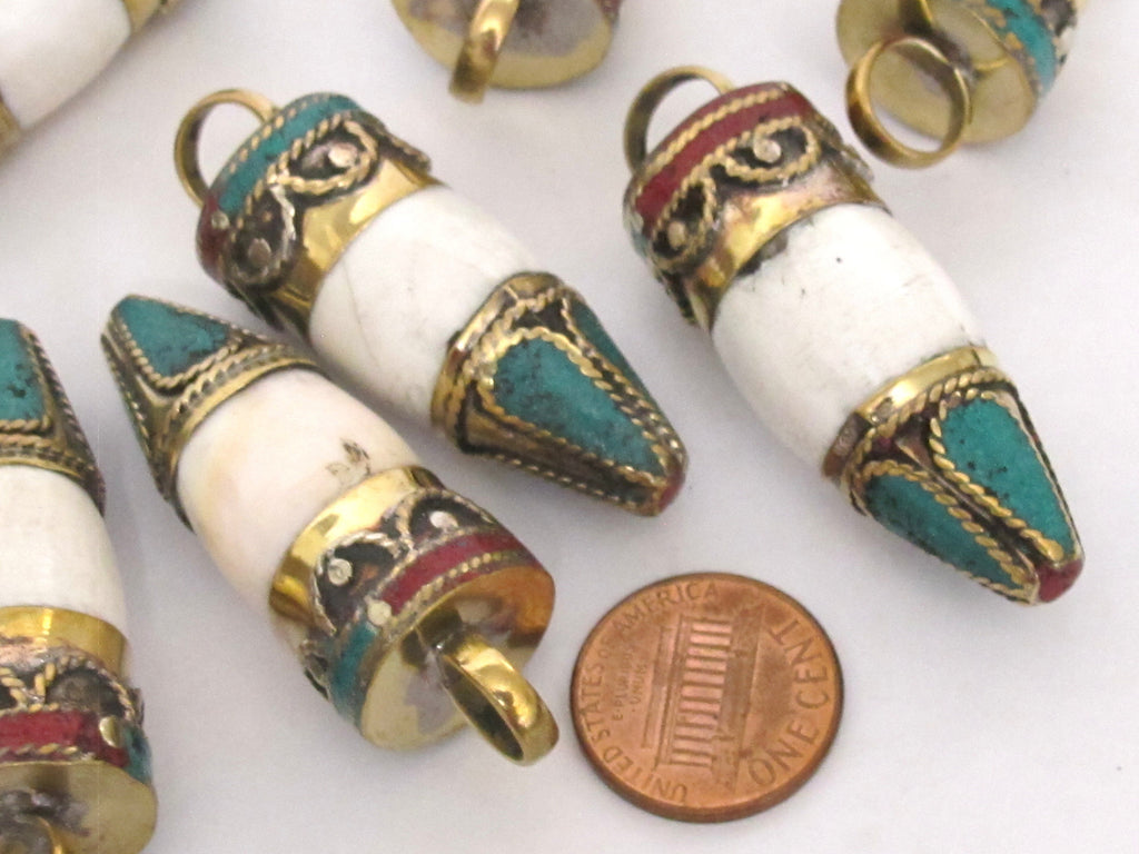1 pendant - Unisex Tibetan pendant Ethnic tibetan Nepal naga conch shell point bullet shape brass capped pendant turquoise inlay - PM277K