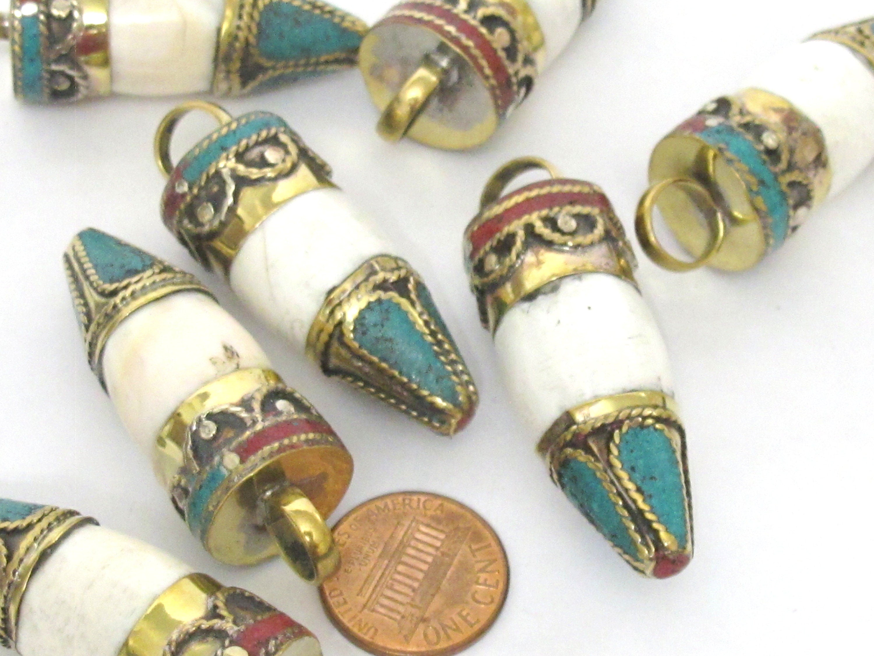 1 pendant - Unisex Tibetan pendant Ethnic tibetan Nepal naga conch shell point bullet shape brass capped pendant turquoise inlay - PM277K