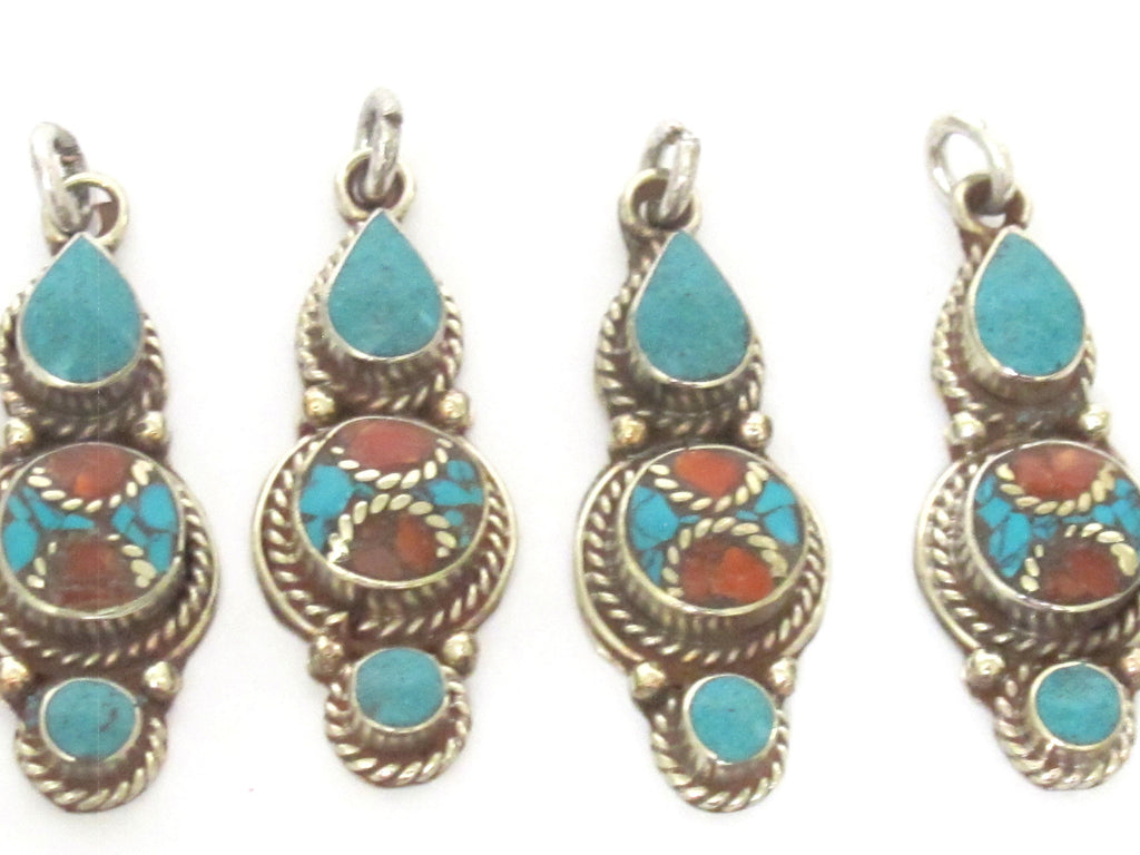1 pendant - Nepal pendant ethnic Tibetan Small linear drop shape Tibetan silver charm pendant with turquoise brass inlay - PM340G