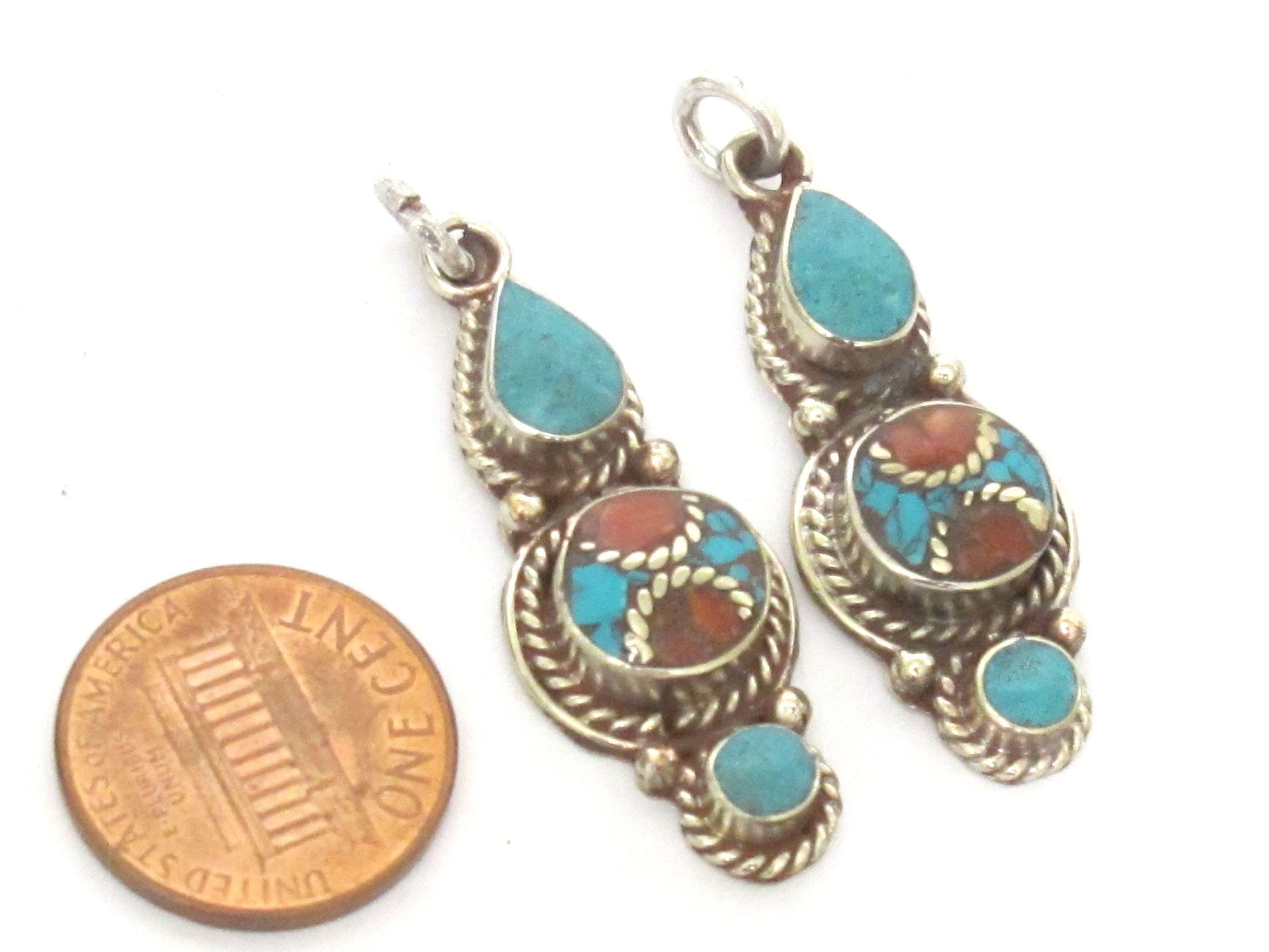 1 pendant - Nepal pendant ethnic Tibetan Small linear drop shape Tibetan silver charm pendant with turquoise brass inlay - PM340G