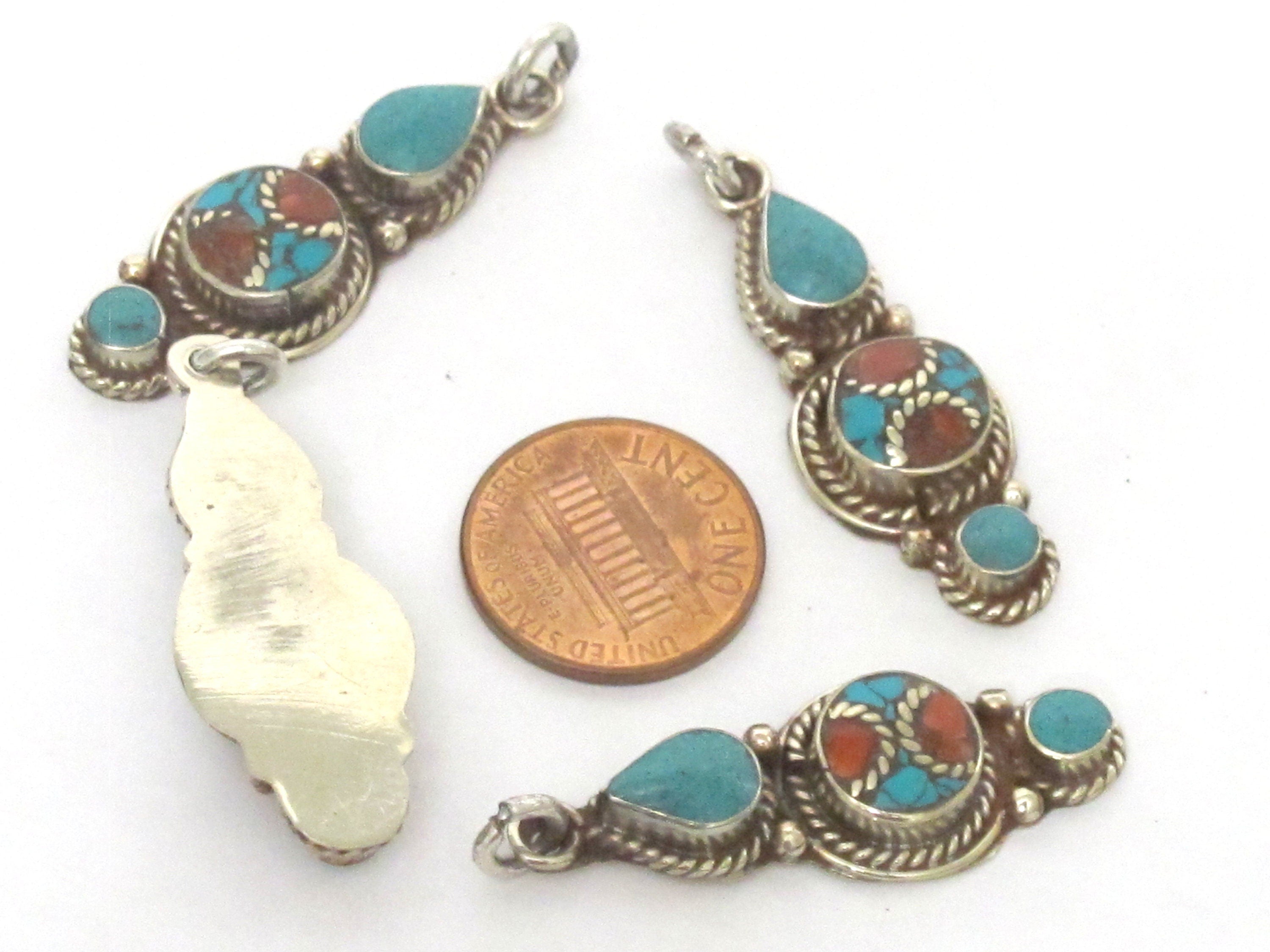 1 pendant - Nepal pendant ethnic Tibetan Small linear drop shape Tibetan silver charm pendant with turquoise brass inlay - PM340G