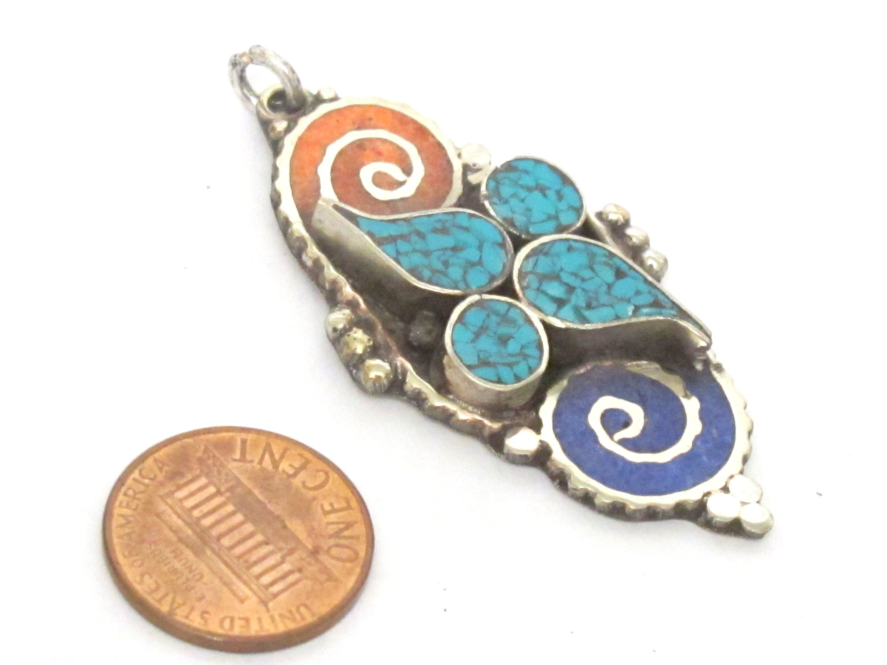 1 pendant - Nepal Tibetan silver double spiral coil floral design charm pendant with turquoise brass inlay salmon orange blue color - PM340H