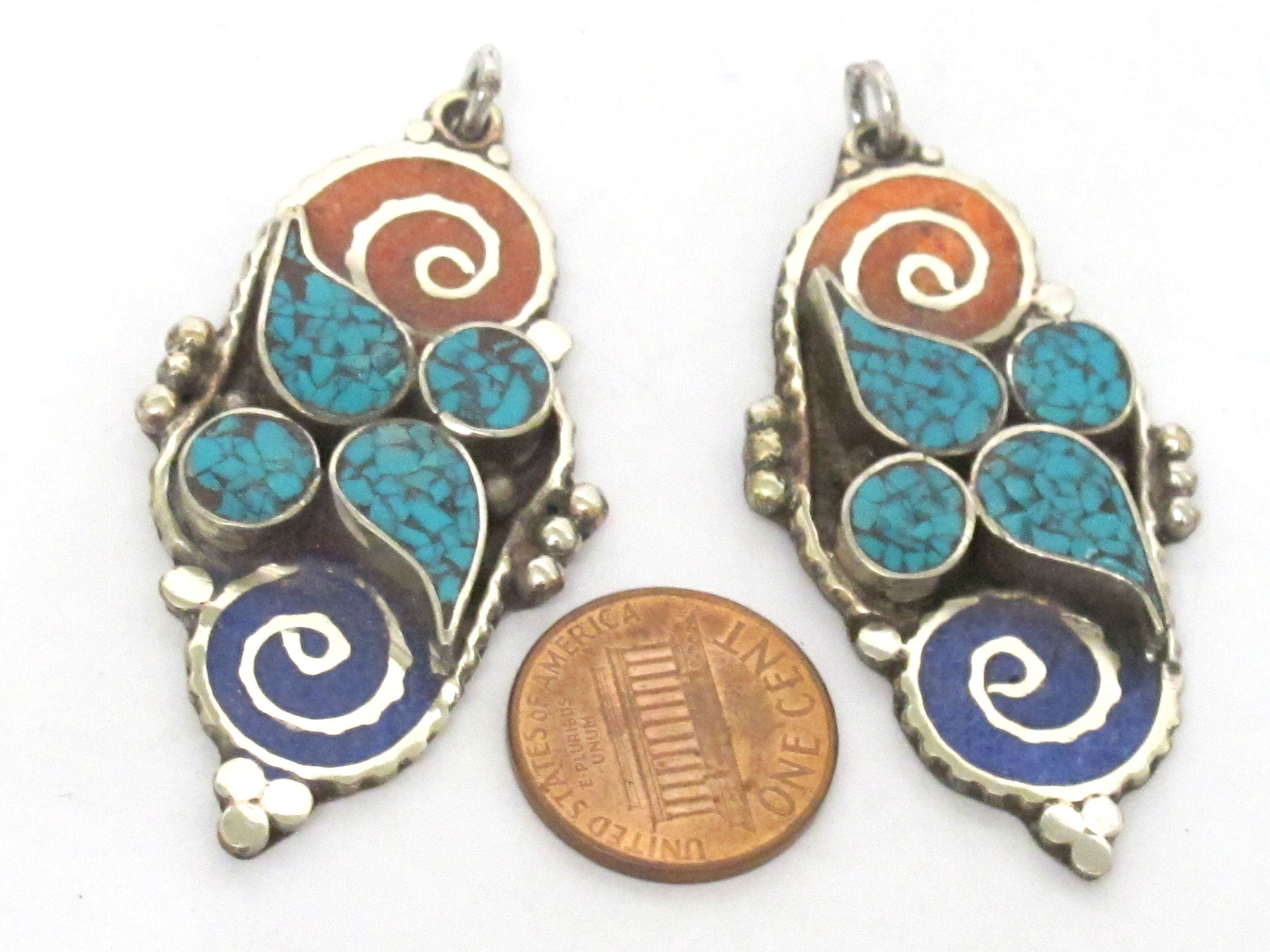 1 pendant - Nepal Tibetan silver double spiral coil floral design charm pendant with turquoise brass inlay salmon orange blue color - PM340H