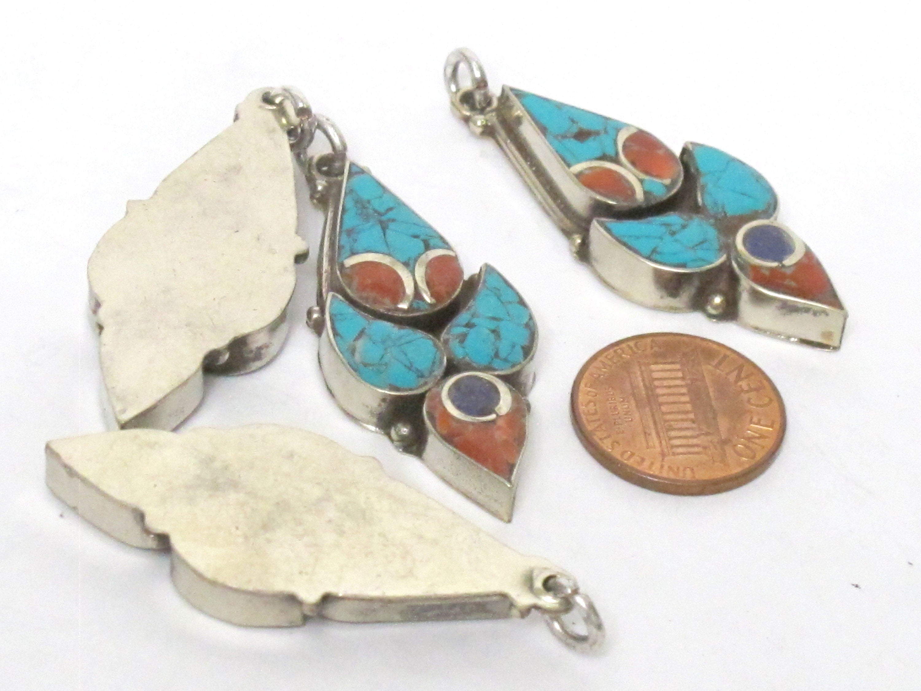 1 pendant - Nepal Tibetan pendants Tibetan silver charm pendant abstract bird design with turquoise lapis inlay - PM341K