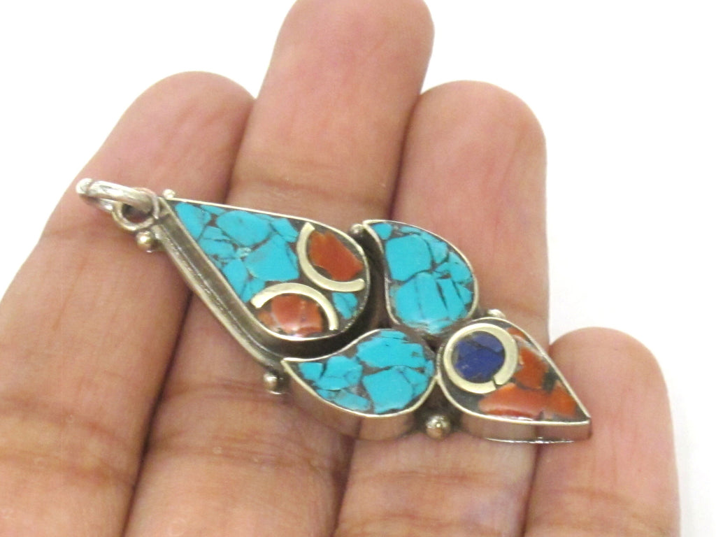 1 pendant - Nepal Tibetan pendants Tibetan silver charm pendant abstract bird design with turquoise lapis inlay - PM341K