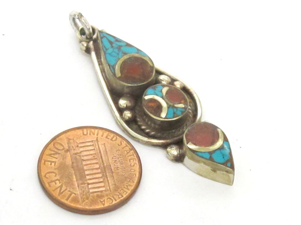 1 pendant - Nepal Tibetan pendants arrowhead drop linear shape Tibetan silver charm pendant with turquoise inlay - PM341M