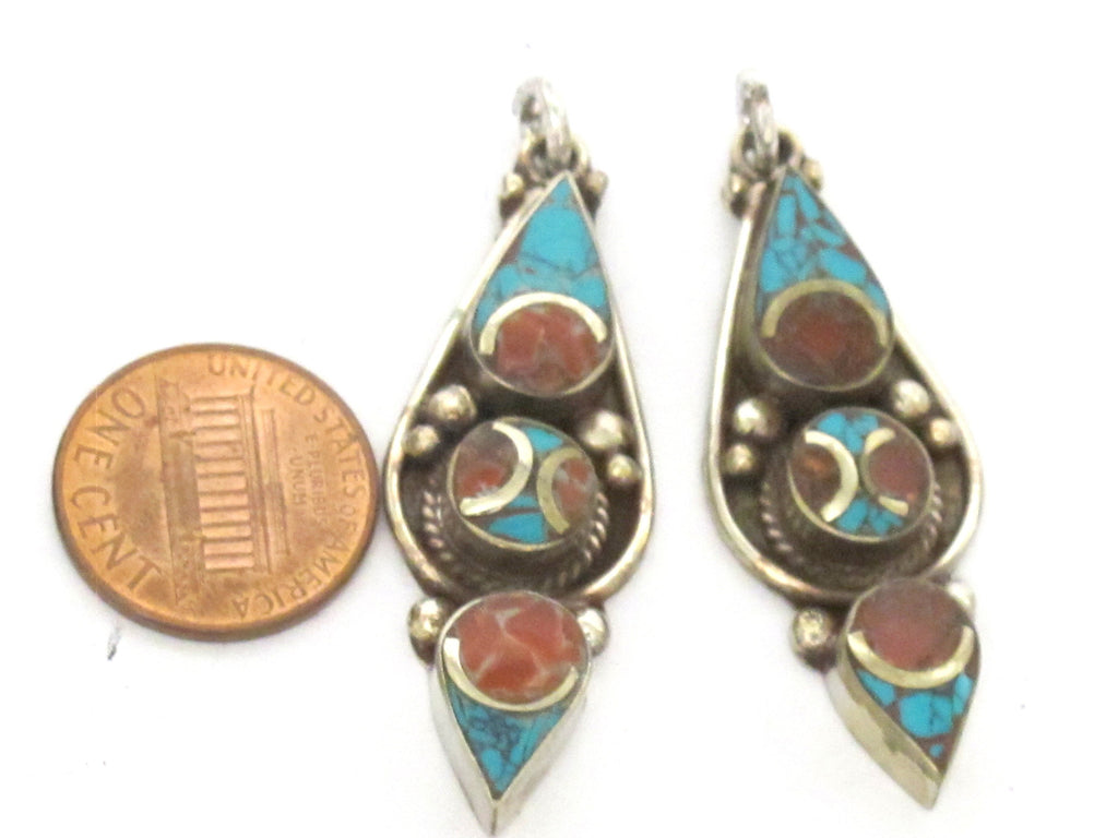 1 pendant - Nepal Tibetan pendants arrowhead drop linear shape Tibetan silver charm pendant with turquoise inlay - PM341M