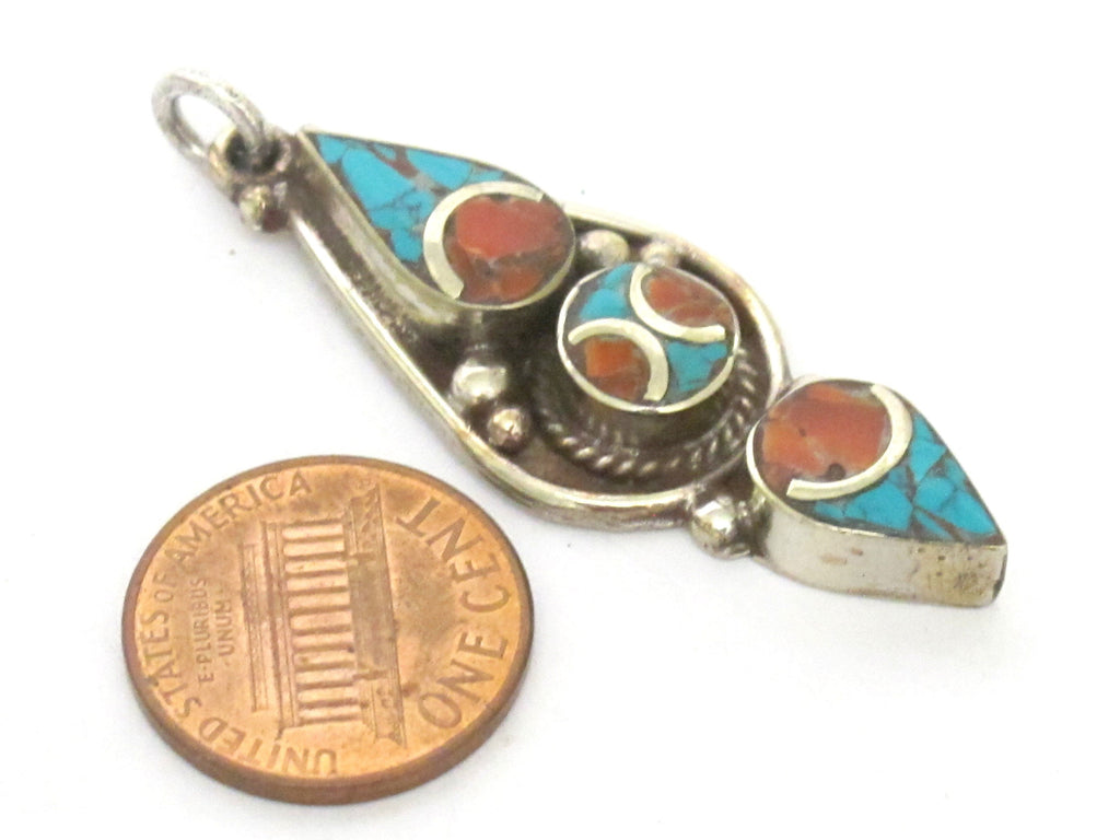 1 pendant - Nepal Tibetan pendants arrowhead drop linear shape Tibetan silver charm pendant with turquoise inlay - PM341M