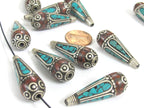 2 Beads-Tibetan filigree design silver floral drop with turquoise inlaid cone beads Nepal beads Tibetan beads nepalbeadshop- BD825K