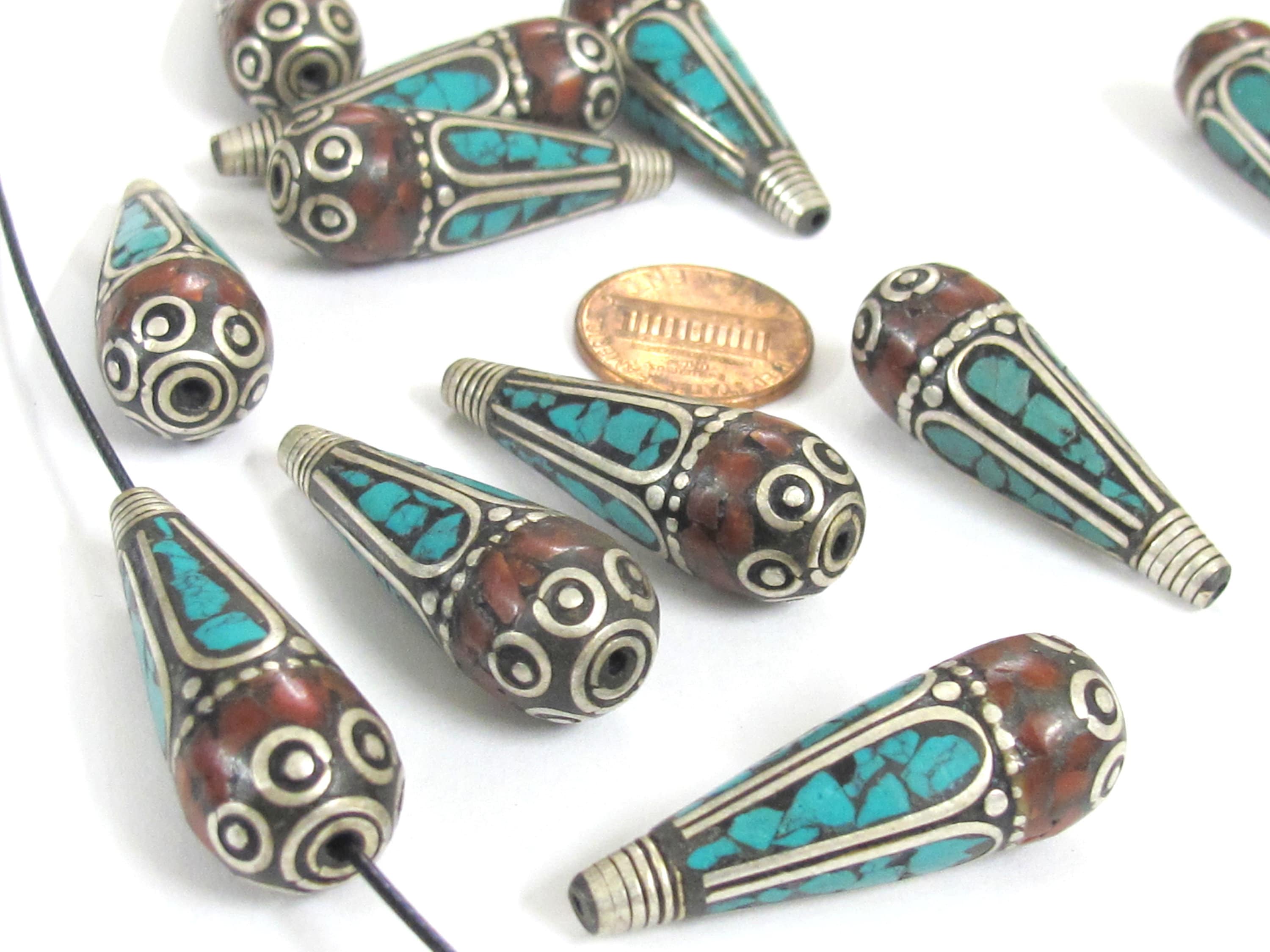 2 Beads-Tibetan filigree design silver floral drop with turquoise inlaid cone beads Nepal beads Tibetan beads nepalbeadshop- BD825K