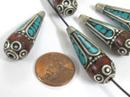 2 Beads-Tibetan filigree design silver floral drop with turquoise inlaid cone beads Nepal beads Tibetan beads nepalbeadshop- BD825K