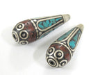 2 Beads-Tibetan filigree design silver floral drop with turquoise inlaid cone beads Nepal beads Tibetan beads nepalbeadshop- BD825K