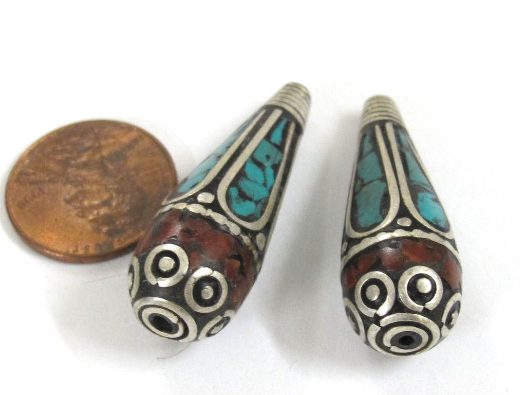 2 Beads-Tibetan filigree design silver floral drop with turquoise inlaid cone beads Nepal beads Tibetan beads nepalbeadshop- BD825K