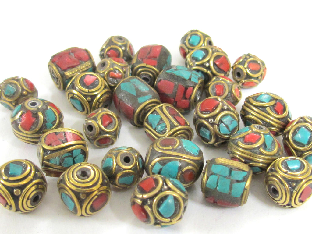 5 Beads - Mix variety Nepal beads Tibetan beads inlaid metal beads turquoise inlaid - mix lot wholesale Nepalbeadshop - BD990s