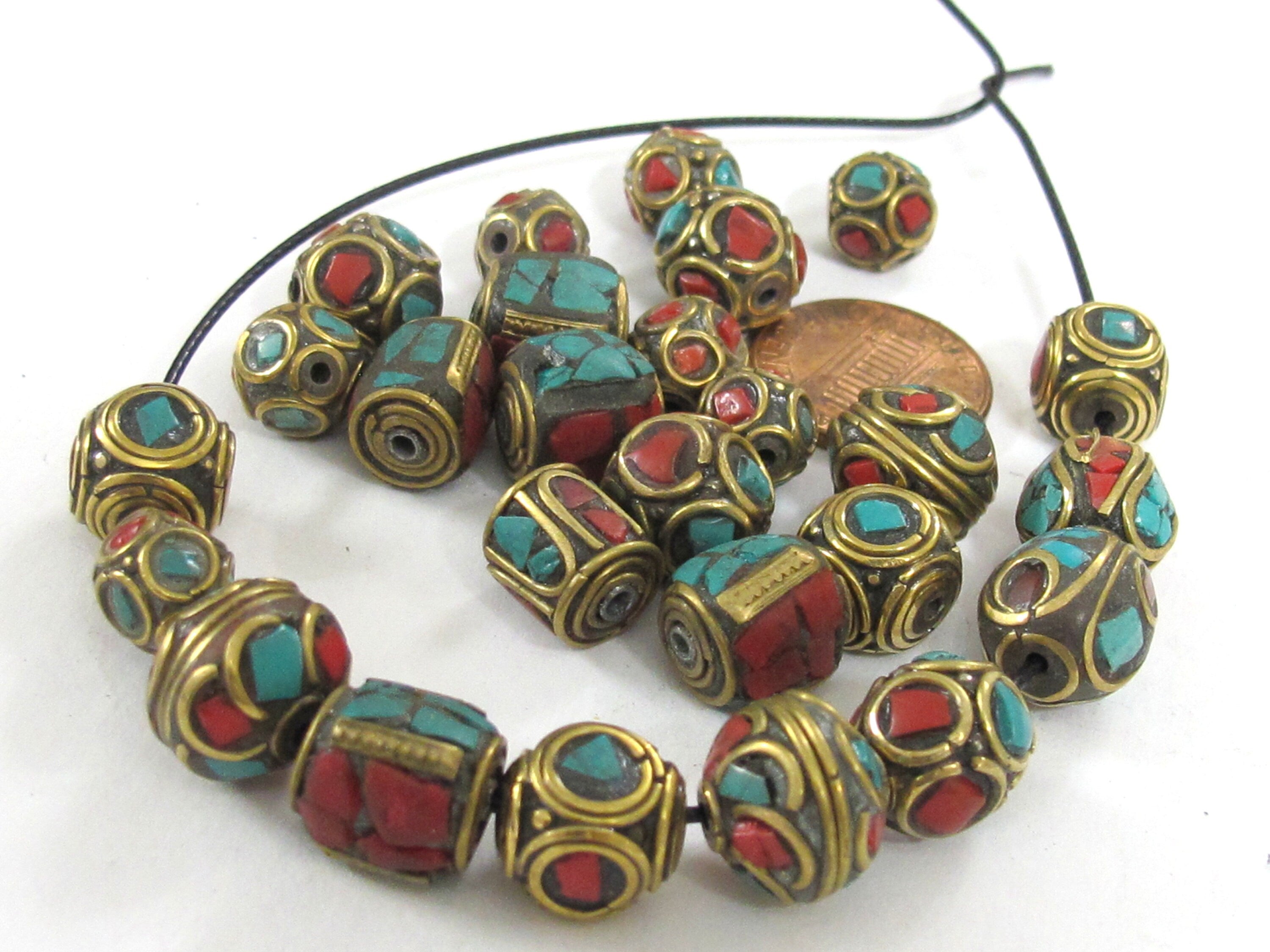5 Beads - Mix variety Nepal beads Tibetan beads inlaid metal beads turquoise inlaid - mix lot wholesale Nepalbeadshop - BD990s