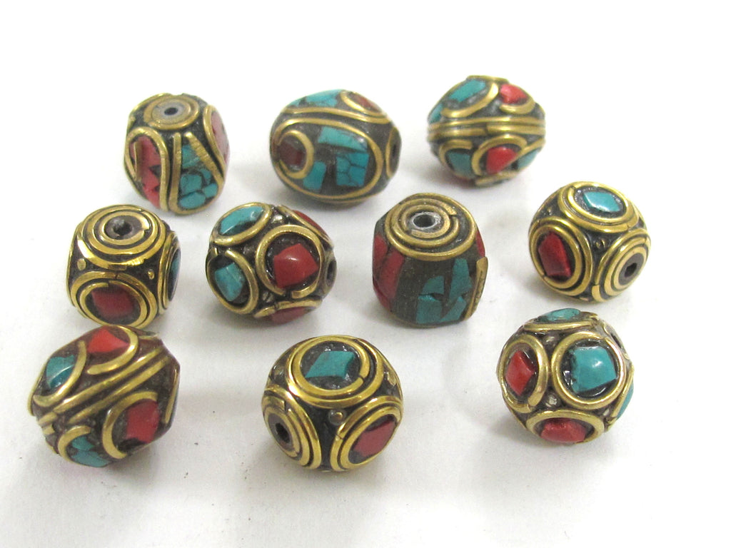 5 Beads - Mix variety Nepal beads Tibetan beads inlaid metal beads turquoise inlaid - mix lot wholesale Nepalbeadshop - BD990s