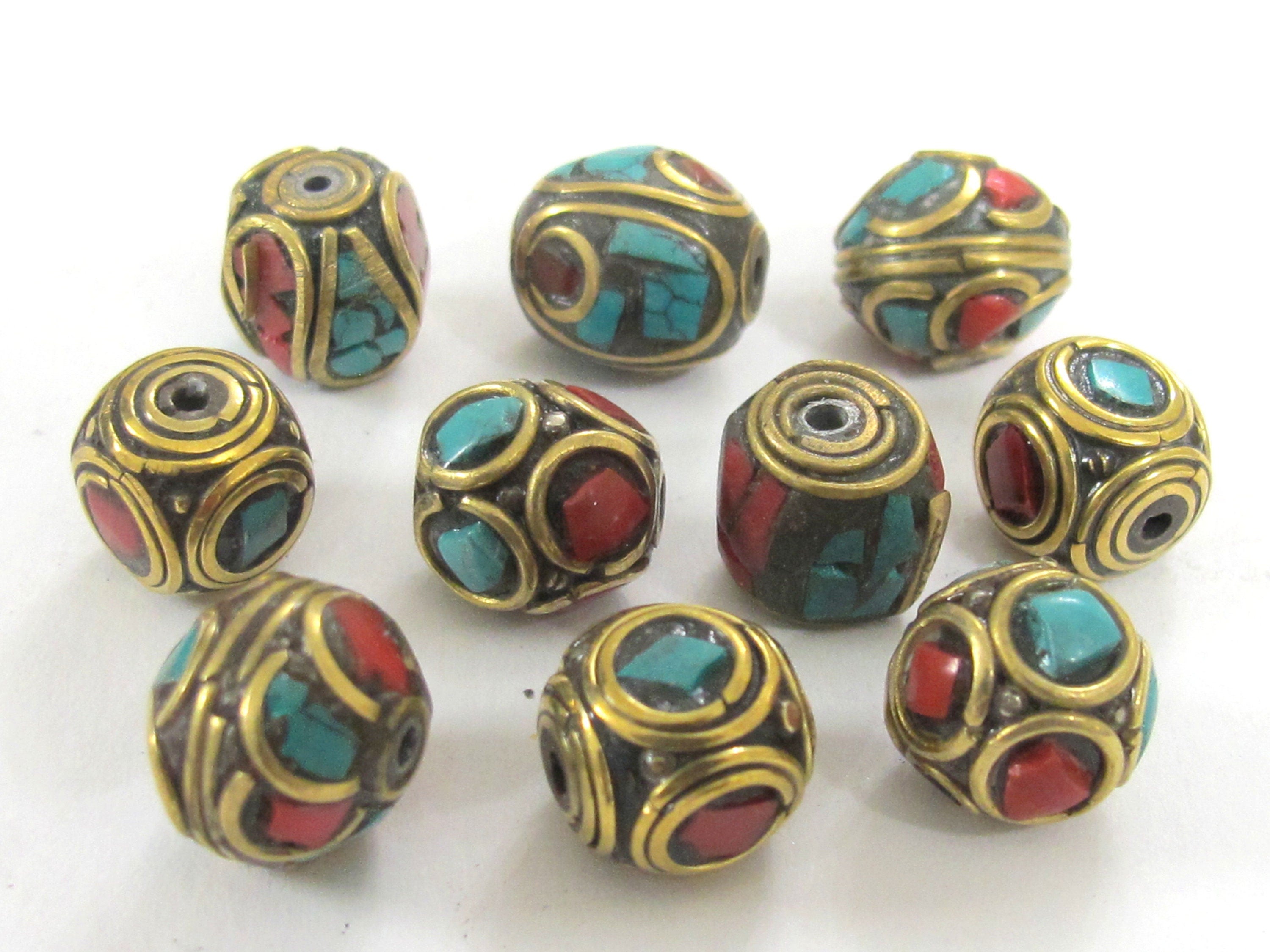 5 Beads - Mix variety Nepal beads Tibetan beads inlaid metal beads turquoise inlaid - mix lot wholesale Nepalbeadshop - BD990s