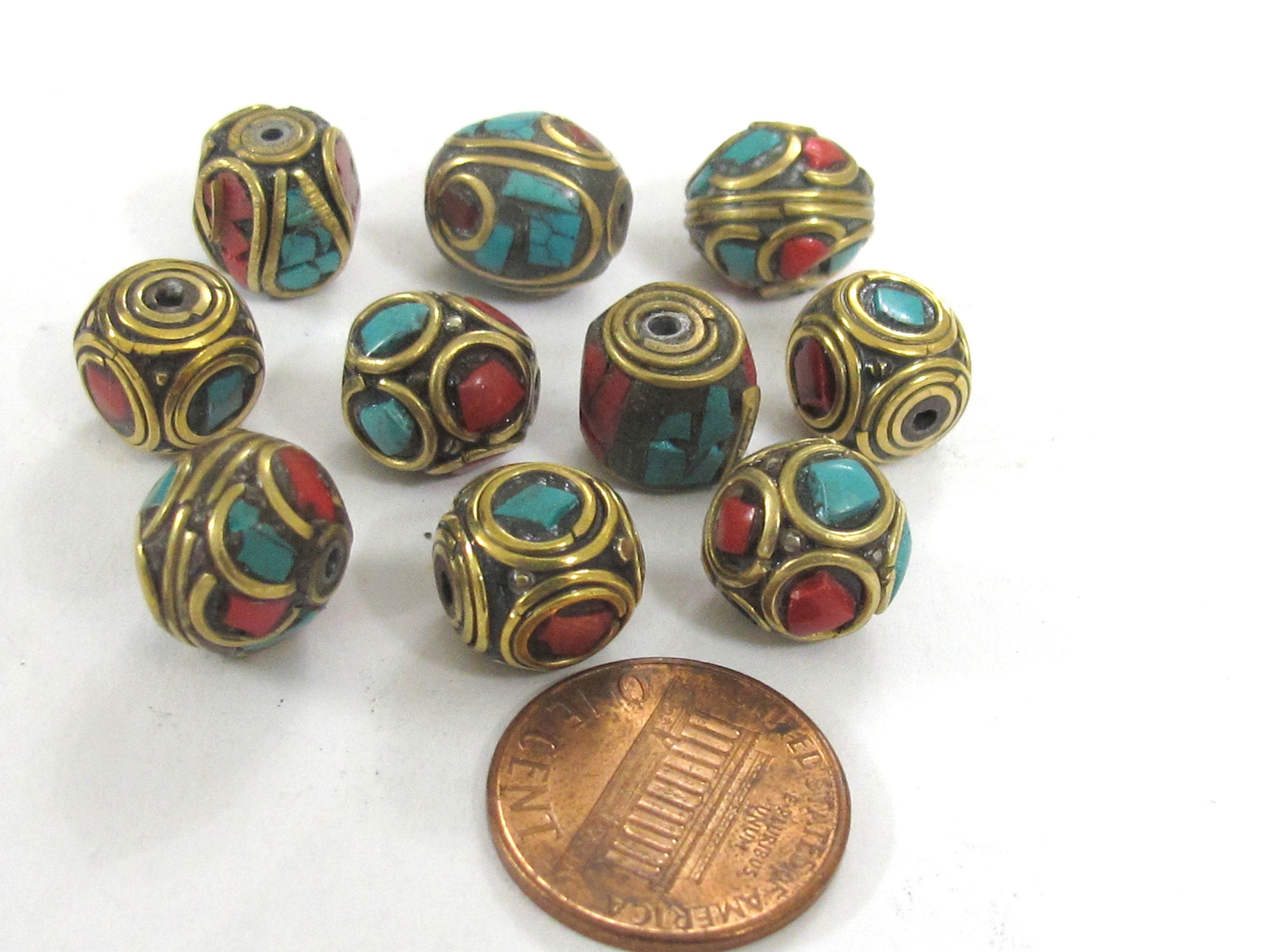 5 Beads - Mix variety Nepal beads Tibetan beads inlaid metal beads turquoise inlaid - mix lot wholesale Nepalbeadshop - BD990s