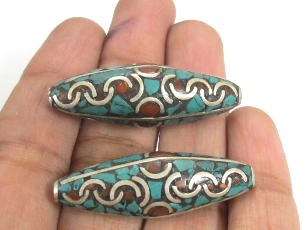 2 Beads - Large long ethnic Nepal beads Tibetan beads silver finish brass bead with turquoise coral inlaid wavy curl design Nepal - BD991
