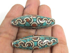 2 Beads - Large long ethnic Nepal beads Tibetan beads silver finish brass bead with turquoise coral inlaid wavy curl design Nepal - BD991