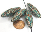 1 Bead - Large long ethnic Nepal beads Tibetan beads silver finish brass bead with turquoise coral inlaid wavy curl design Nepal - BD991