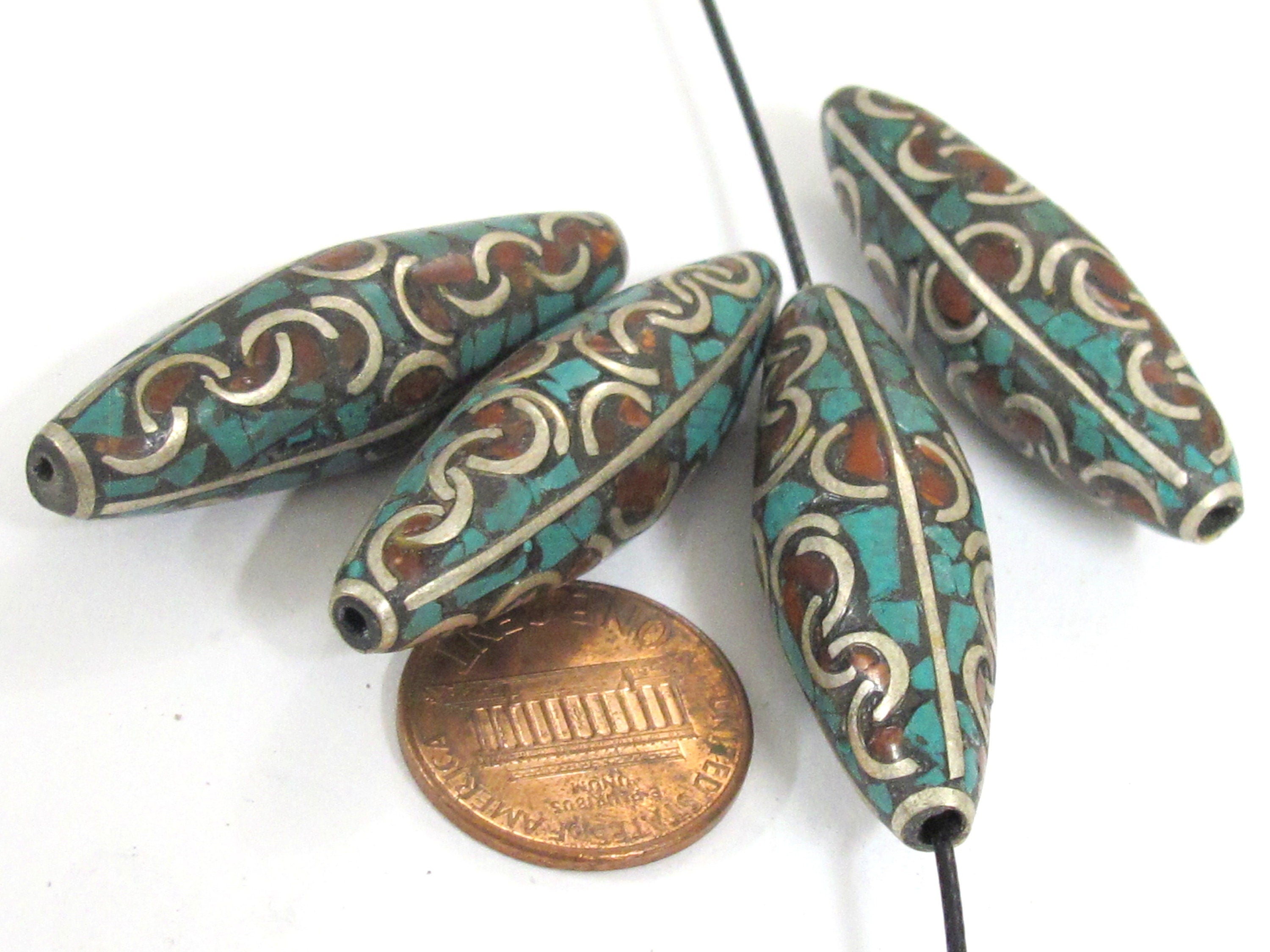 2 Beads - Large long ethnic Nepal beads Tibetan beads silver finish brass bead with turquoise coral inlaid wavy curl design Nepal - BD991