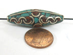 2 Beads - Large long ethnic Nepal beads Tibetan beads silver finish brass bead with turquoise coral inlaid wavy curl design Nepal - BD991
