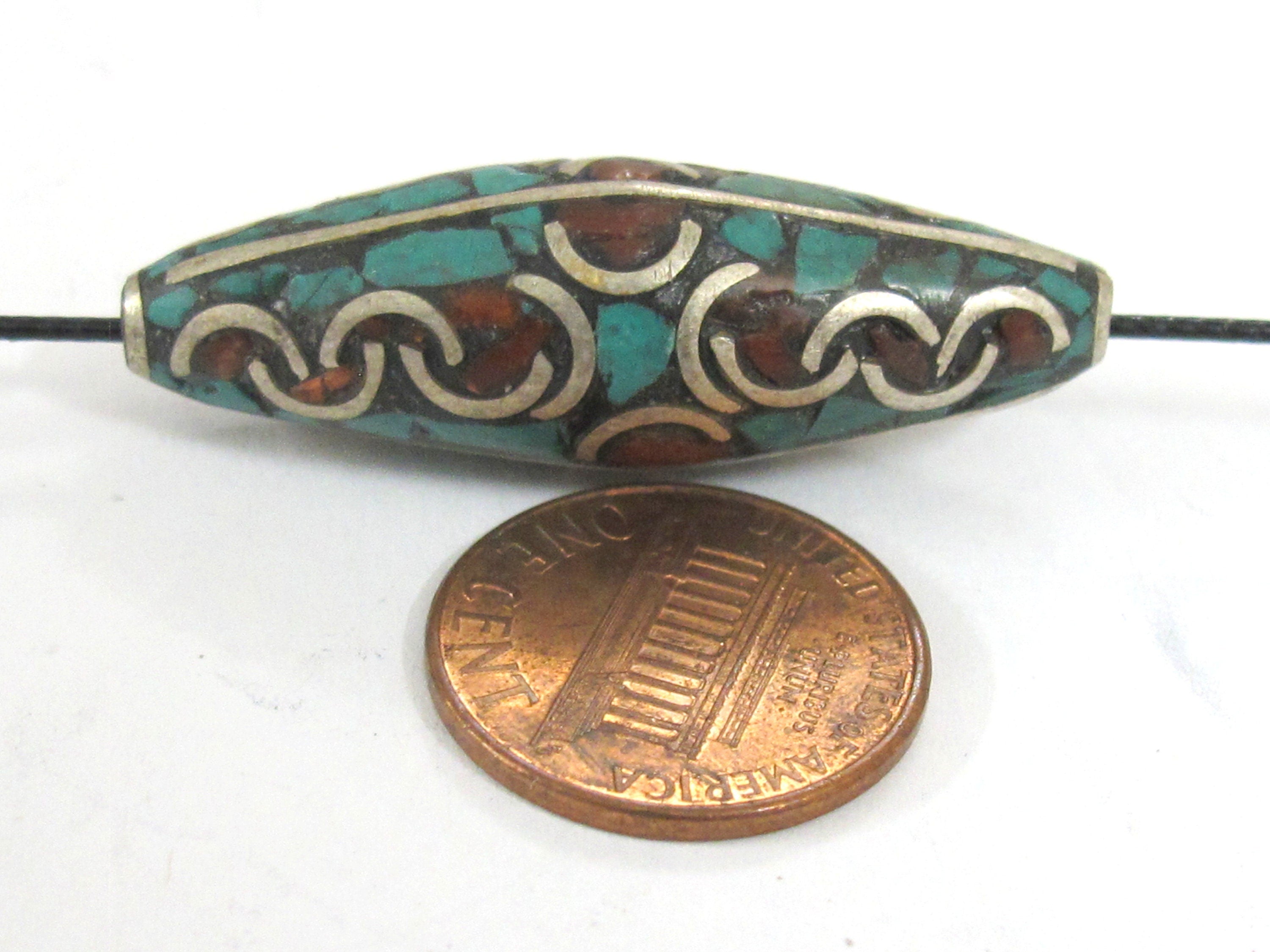 2 Beads - Large long ethnic Nepal beads Tibetan beads silver finish brass bead with turquoise coral inlaid wavy curl design Nepal - BD991