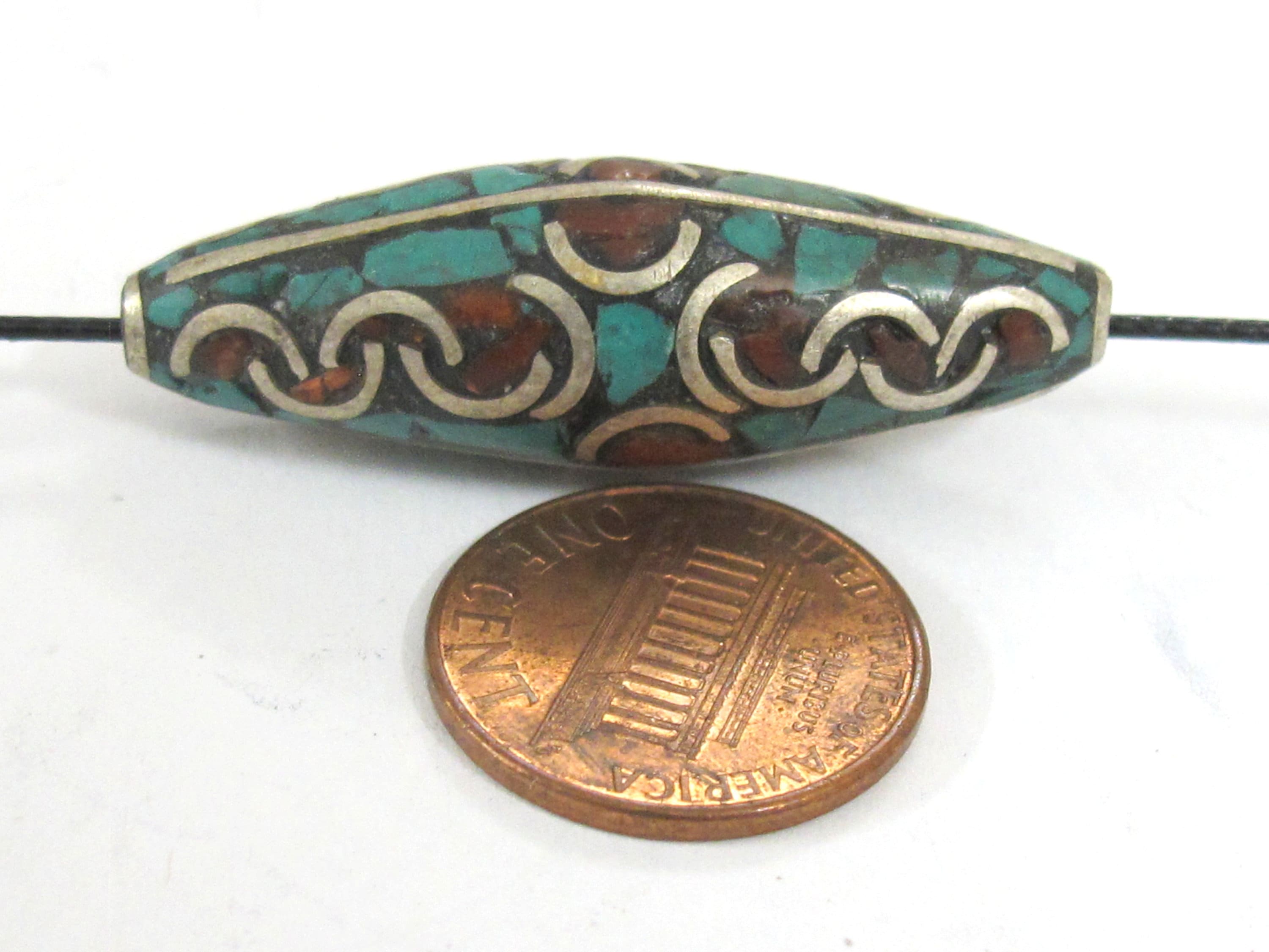 2 Beads - Large long ethnic Nepal beads Tibetan beads silver finish brass bead with turquoise coral inlaid wavy curl design Nepal - BD480K