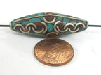 2 Beads - Large long ethnic Nepal beads Tibetan beads silver finish brass bead with turquoise coral inlaid wavy curl design Nepal - BD991
