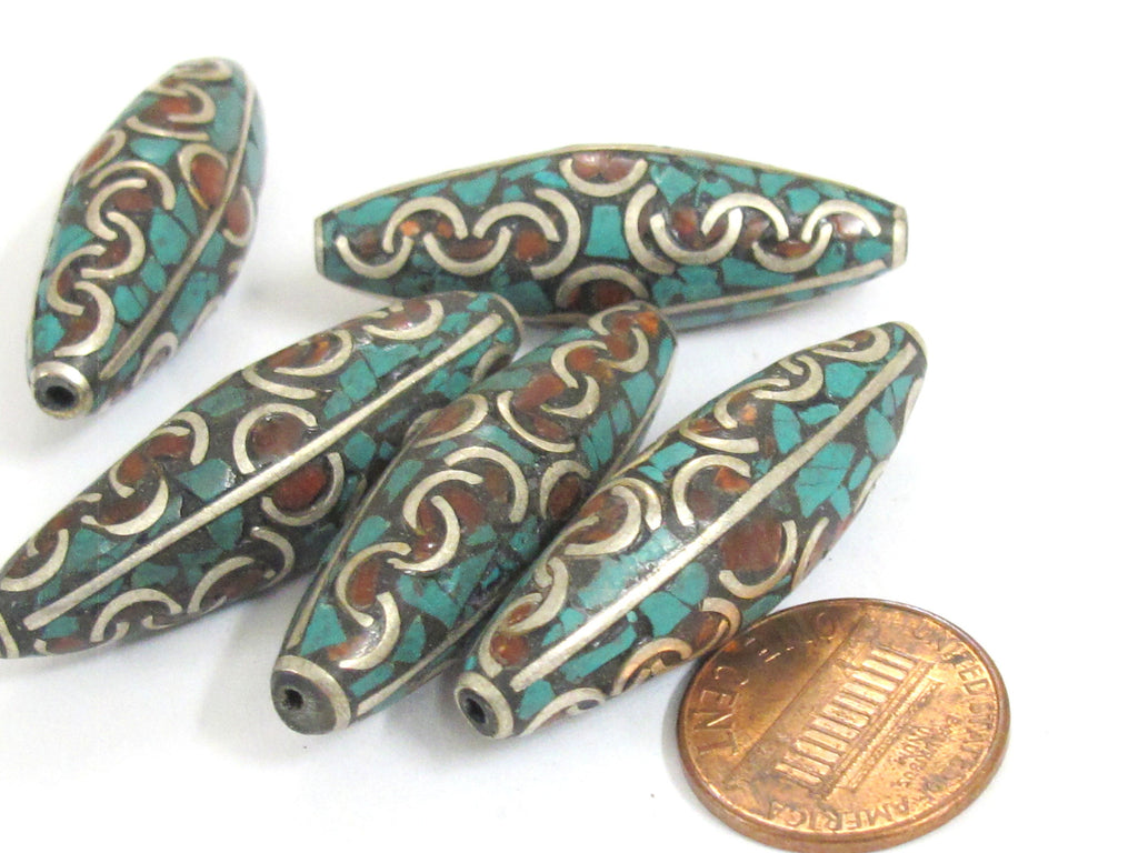 2 Beads - Large long ethnic Nepal beads Tibetan beads silver finish brass bead with turquoise coral inlaid wavy curl design Nepal - BD991
